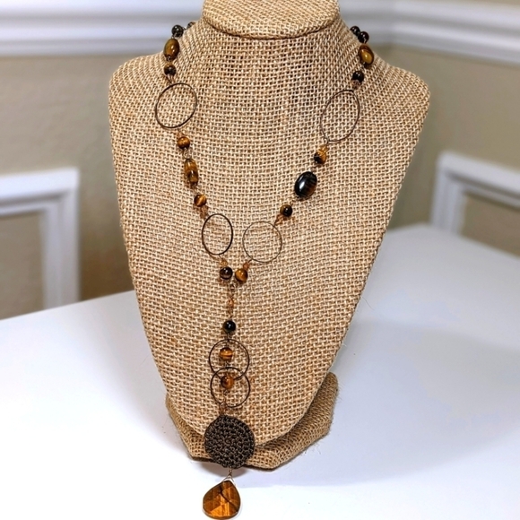Beaded Necklace with Crochet Pendant in Earth Tones - Picture 1 of 7